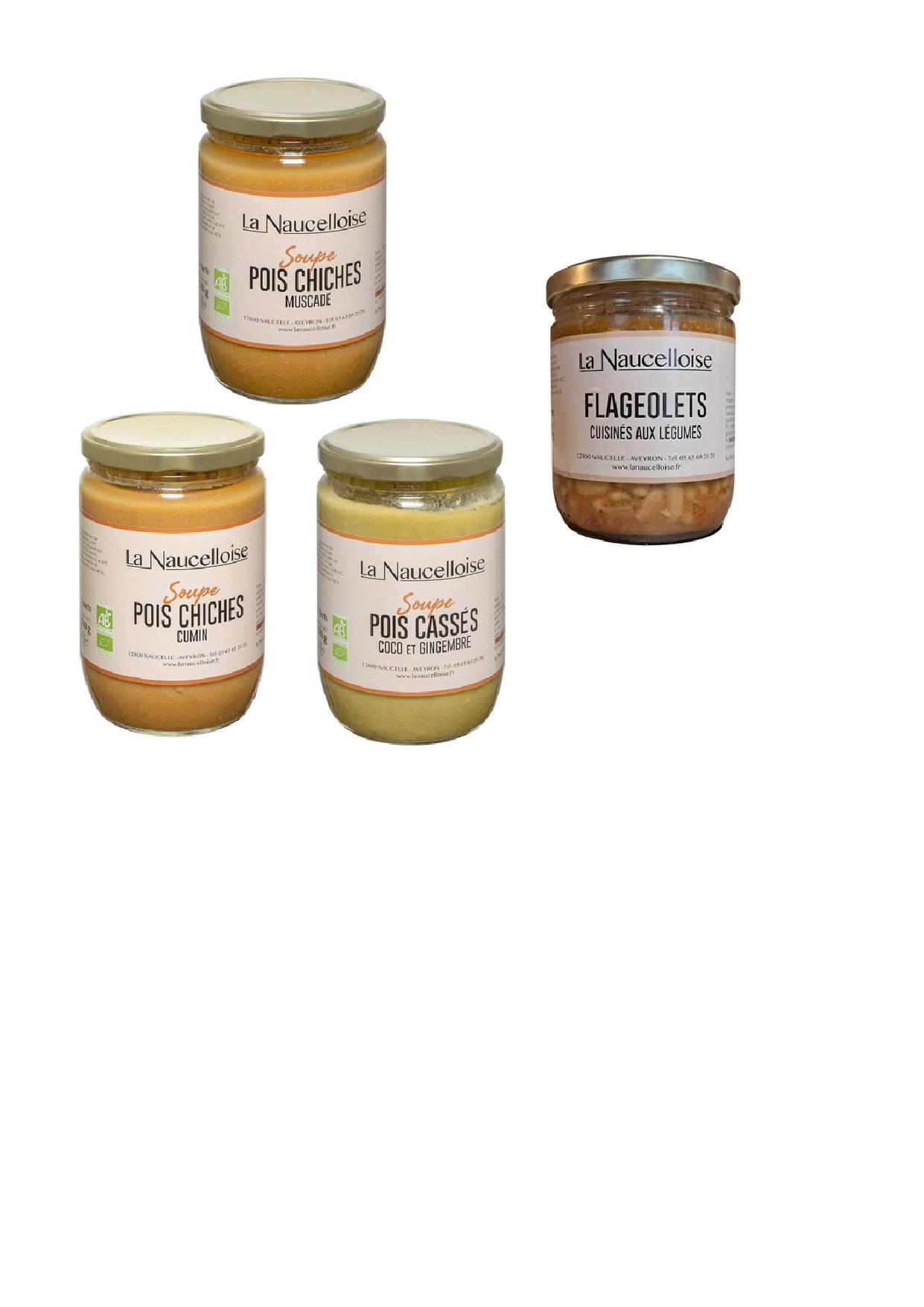 Lot de 3 soupes légumineuses bio 580gr panaché (pois chiches muscade, pois cassés coco gingembre + pois chiches cumin ) +  1 bocal flageolets aux légumes offert
