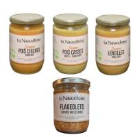 Lot de 3 soupes légumineuses bio 580gr panaché (pois chiches muscade, pois cassés coco gingembre, lentilles jaunes anis vert) + 1 bocal flageolets aux légumes offert