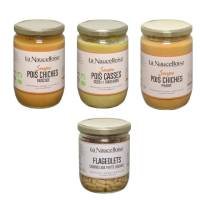 Lot de 3 soupes légumineuses bio 580gr panaché (pois chiches muscade, pois cassés coco gingembre, pois chiches piments) + 1 bocal flageolets aux légumes offert